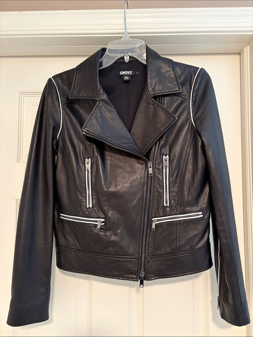 DKNY Black Leather Moto Jacket with White Piping